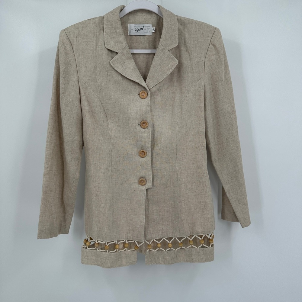 Womens Vintage Boho Linen Blend Jacket Size‎ 38 US M Beaded Minimalist Eclectic